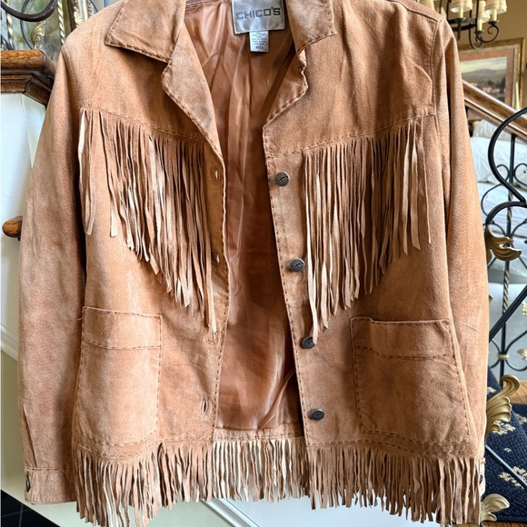 Chico’s Leather Fringed Western Jacket.Pockets. 0.see pictures.small marks back - Picture 2 of 11